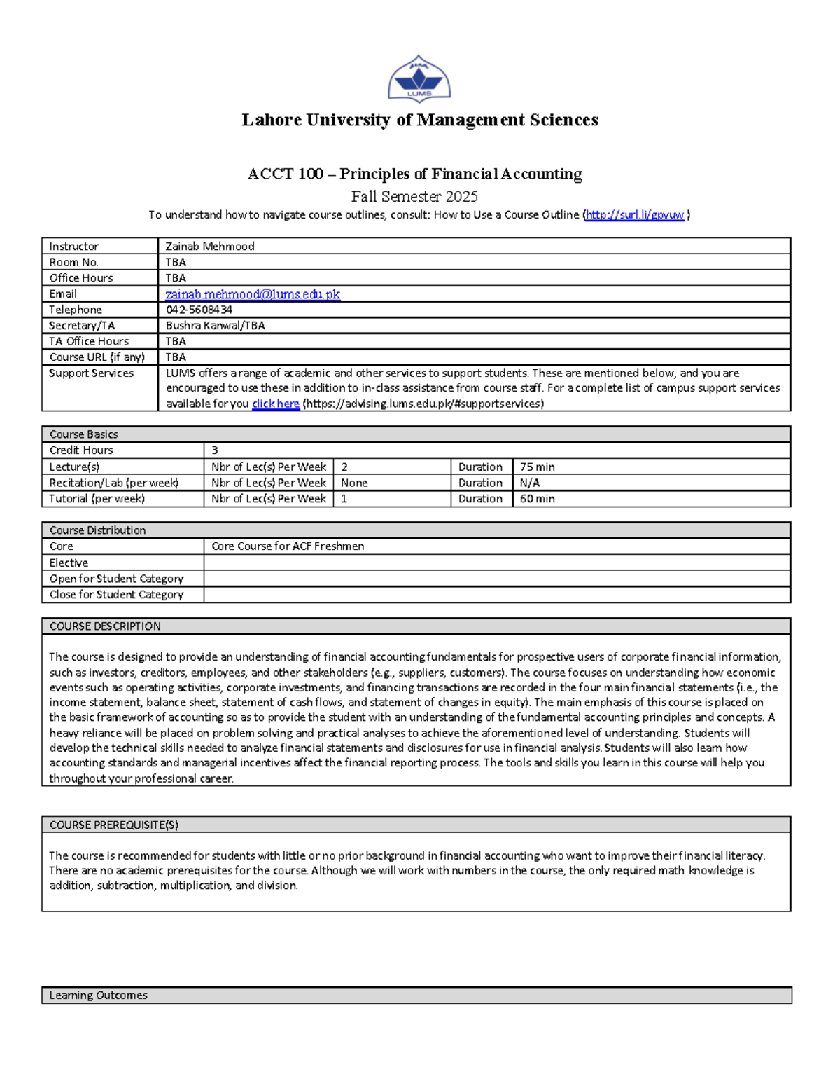 ACCT 100 - Principles of Financial Accounting Overview for Fall 2025 ...
