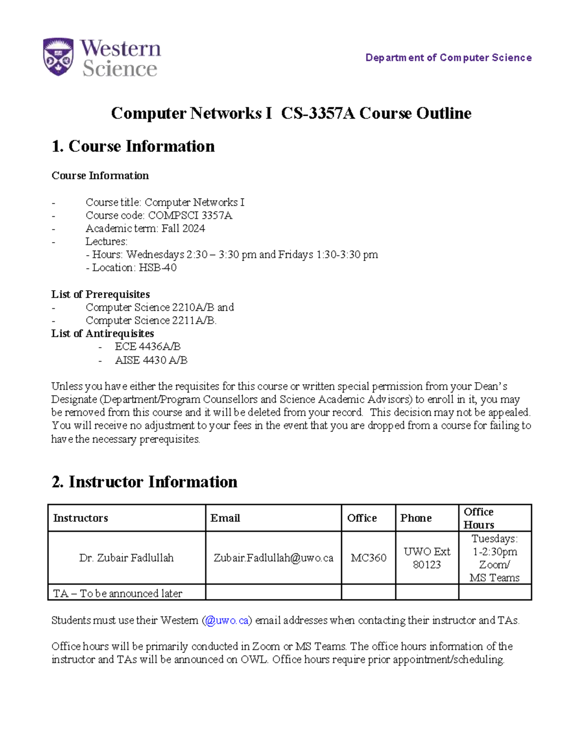 CS 3357A Computer Networks I Course Outline - Fall 2024 - Studocu