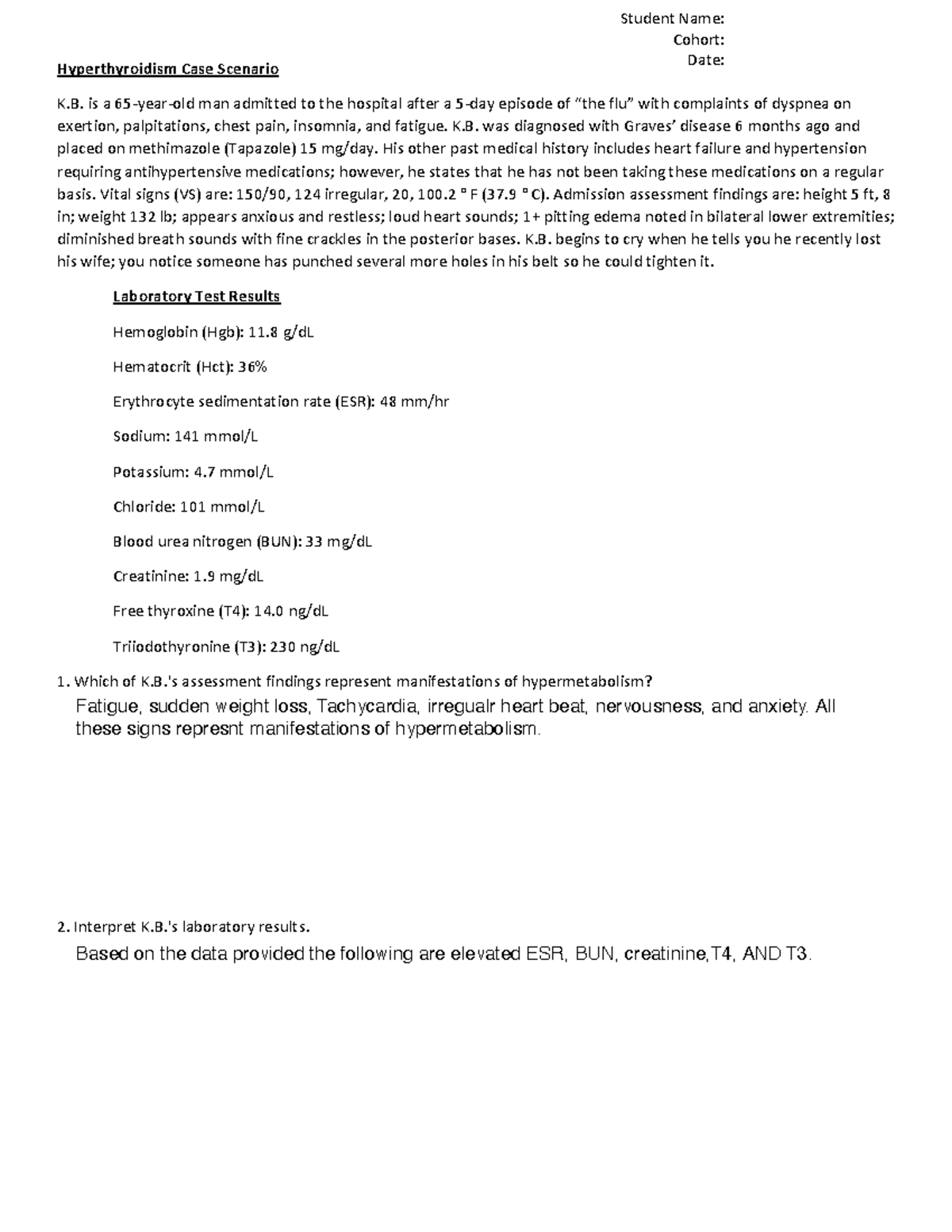 NURS 300 Hyperthyroidism Case Study Analysis and Nursing Interventions ...