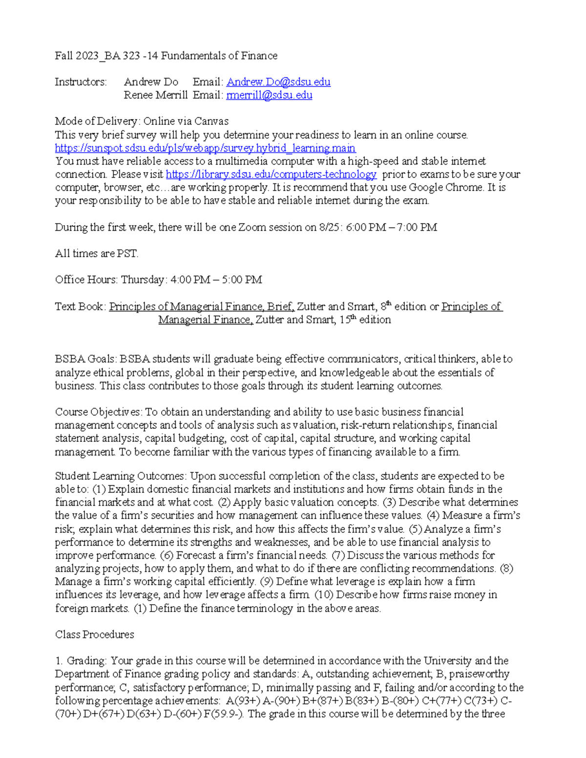 BA 323: Fall 2023 Syllabus for Fundamentals of Finance Course - Studocu