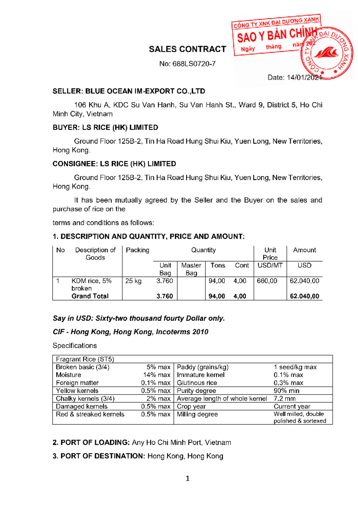 Hợp đồng Xuất khẩu Gạo KDM 94MT - Cty XNK Dai Xanh Sao 2021 - Studocu