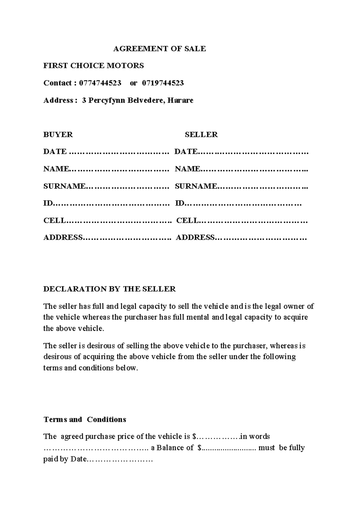 Agreement of Sale - First Choice Motors Notes - Studocu