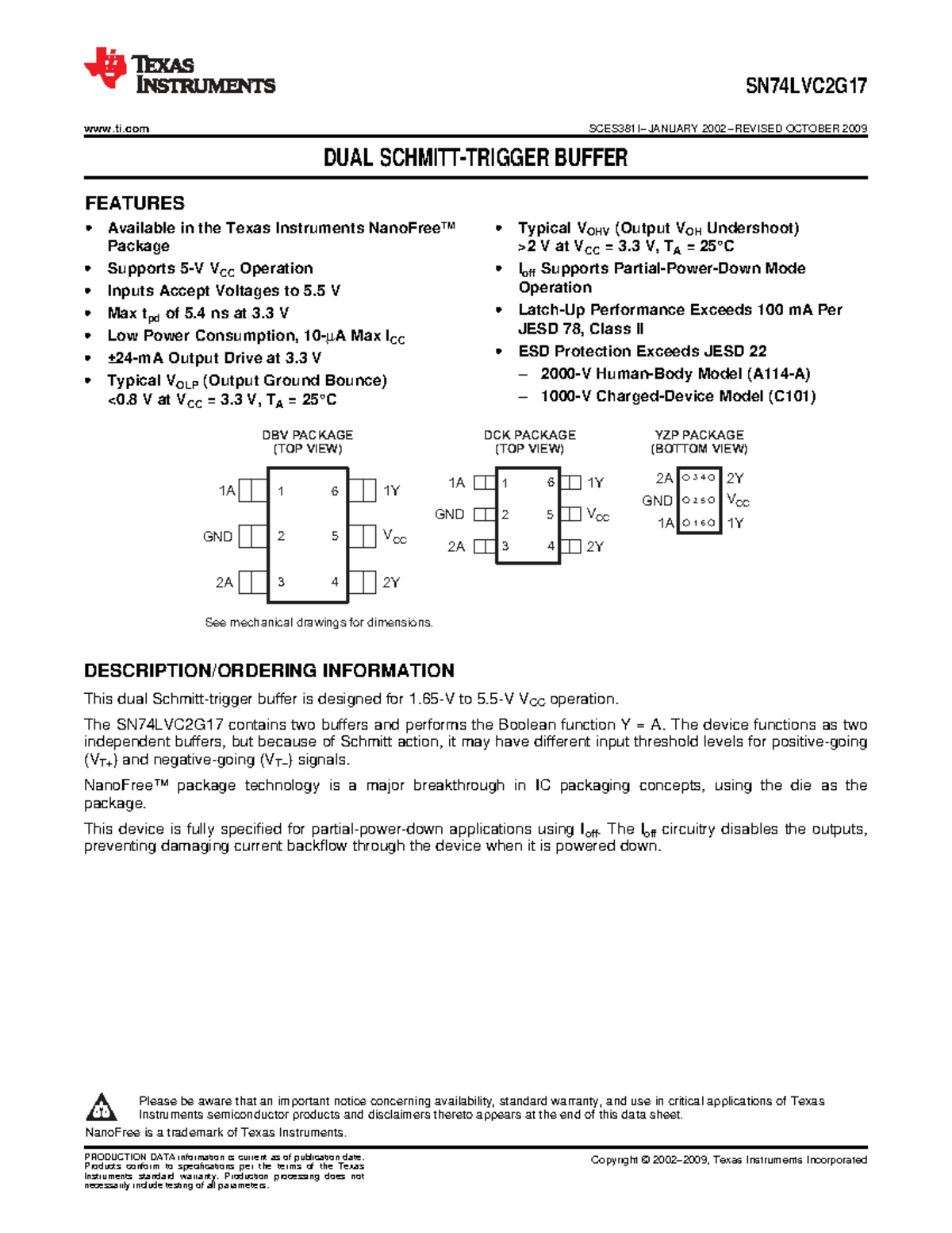 SN74LVC2G17 Dual Buffer Features and Specifications Overview - Studocu