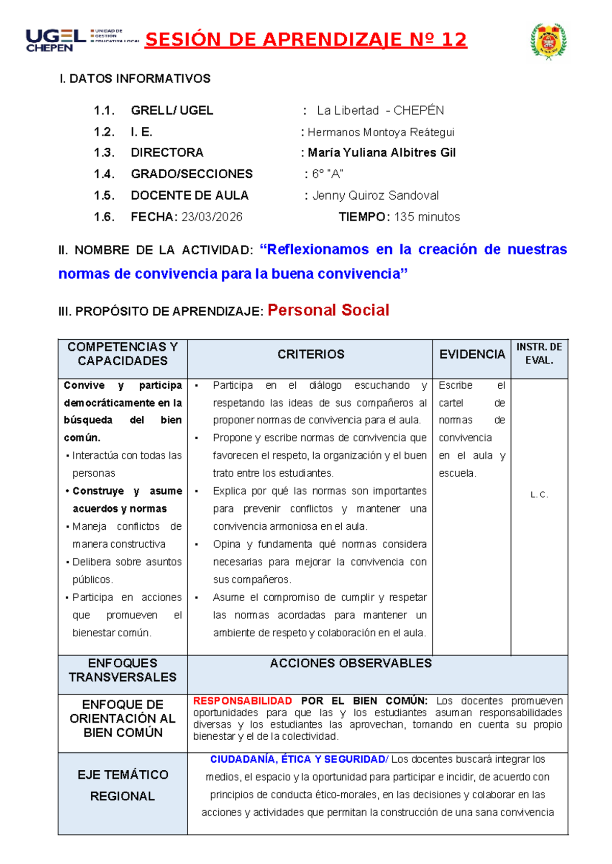 SESION DE APRENDIZAJE Nº 12: Normas de Convivencia en P. S. 6° - Studocu