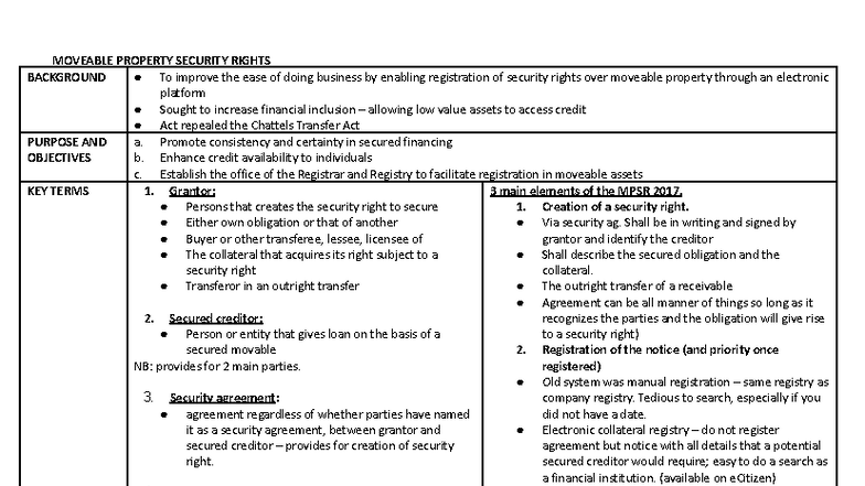 Movable Property Security Rights (MPSR) Revision Chart - Studocu