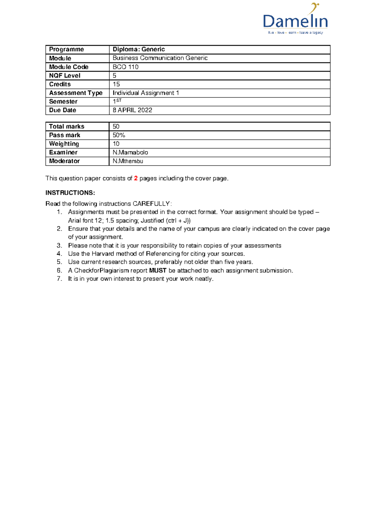 Business Comm Assignment - Programme Diploma: Generic Module Business ...