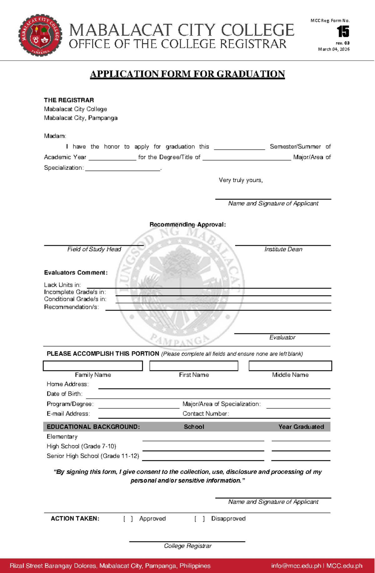MCC Form 15: Application for Graduation - AY 2025-2026 - Studocu