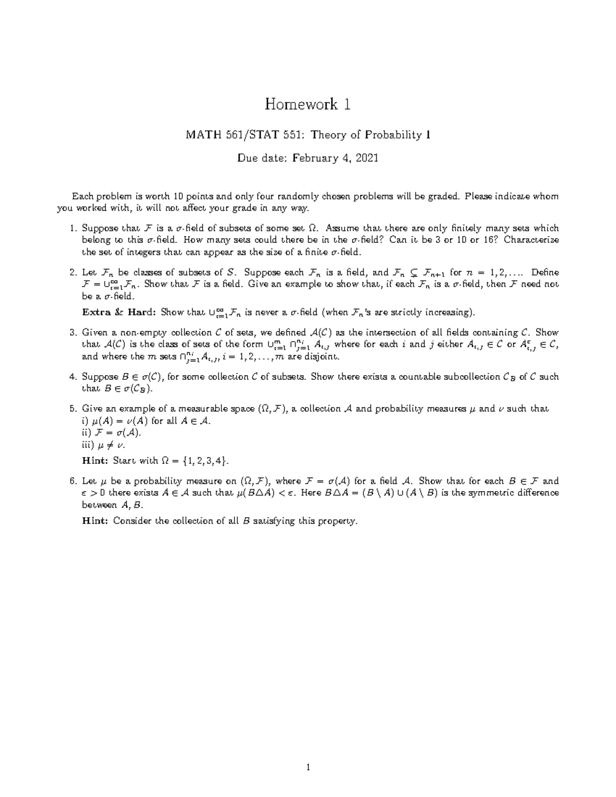MATH561 Theory Of Probability I Homework1 - Homework 1 MATH 561/STAT ...