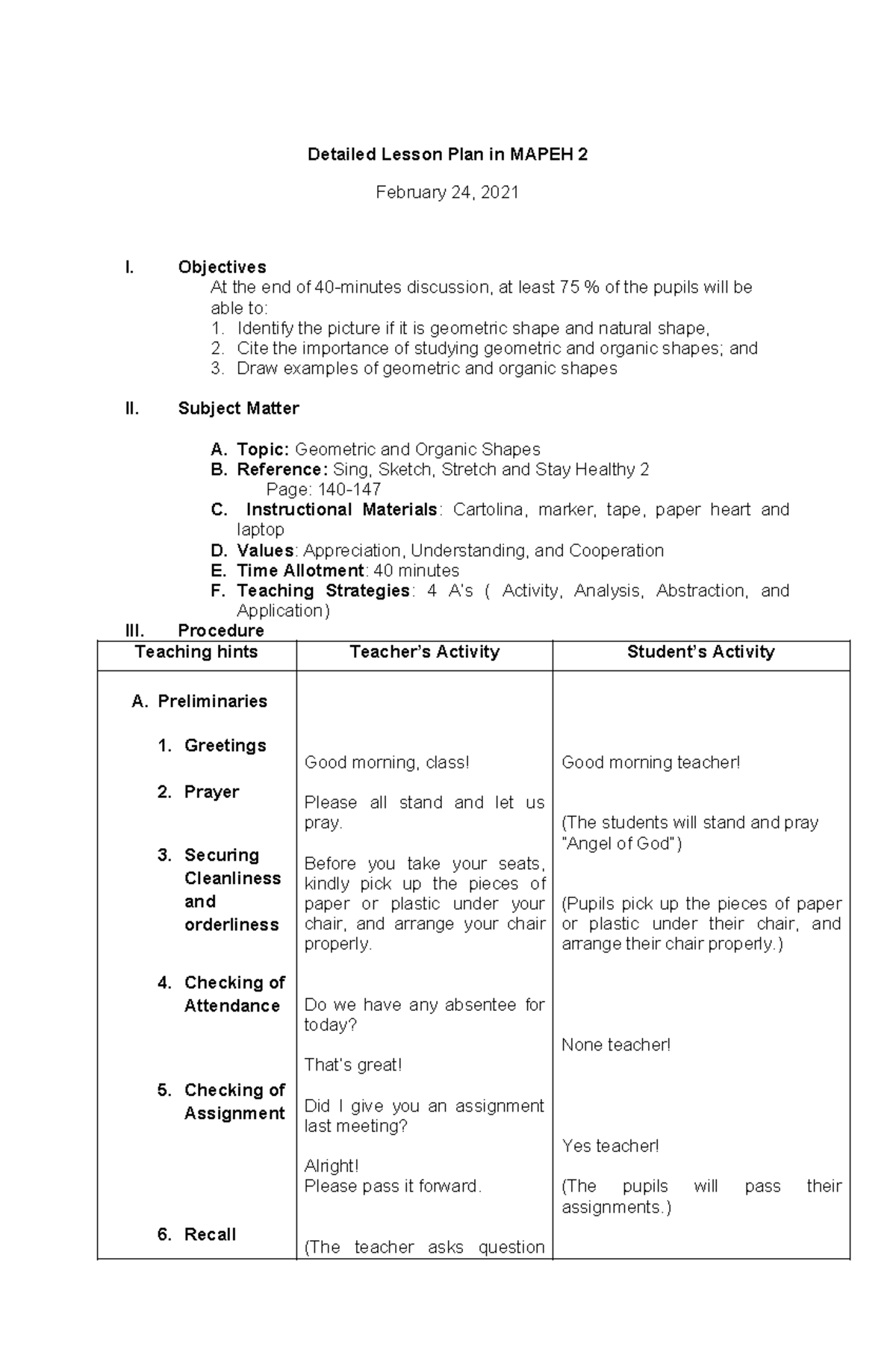 Detailed Lesson Plan in MAPEH 2: Geometric & Organic Shapes - Studocu
