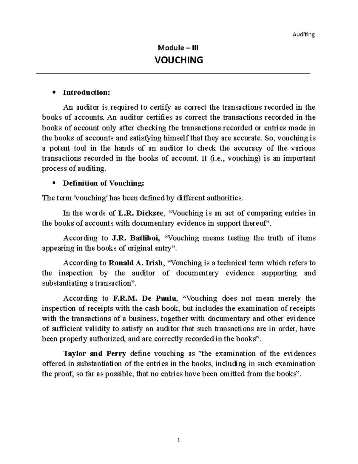 III - Chapter notes (Auditing) - Module – III VOUCHING Introduction: An ...