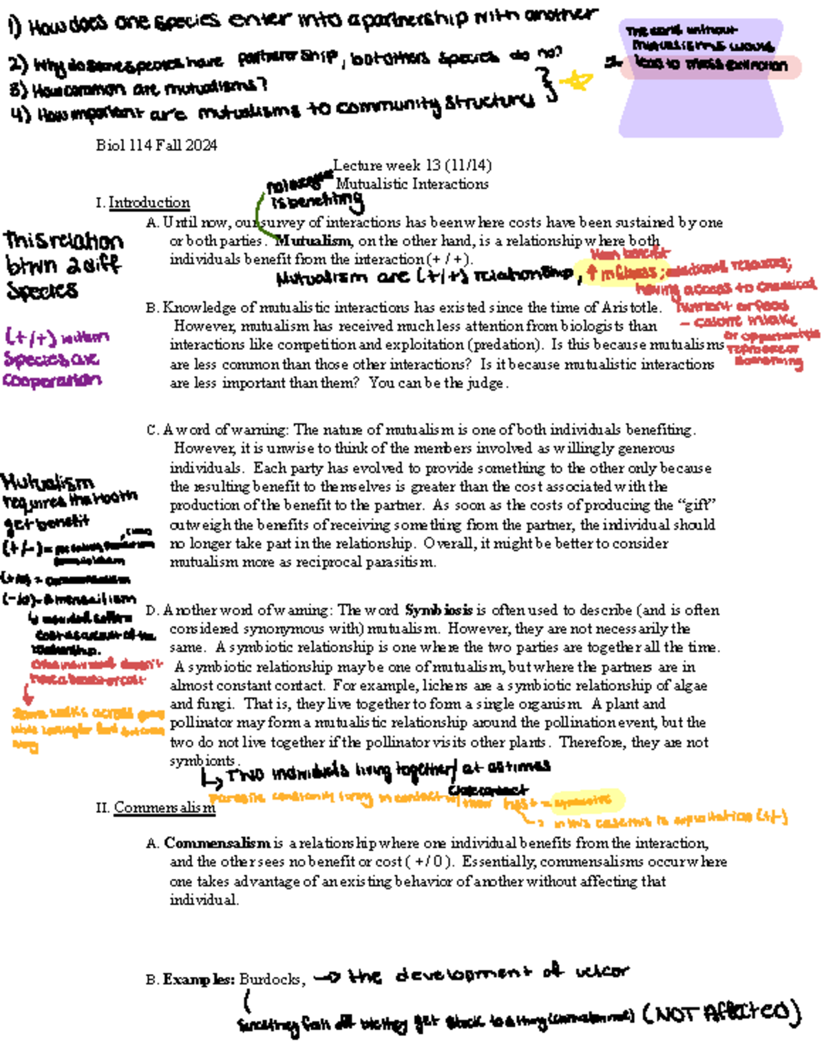 Biol 114 Fall 2024 - Lecture Notes: Mutualism & Community Ecology - Studocu