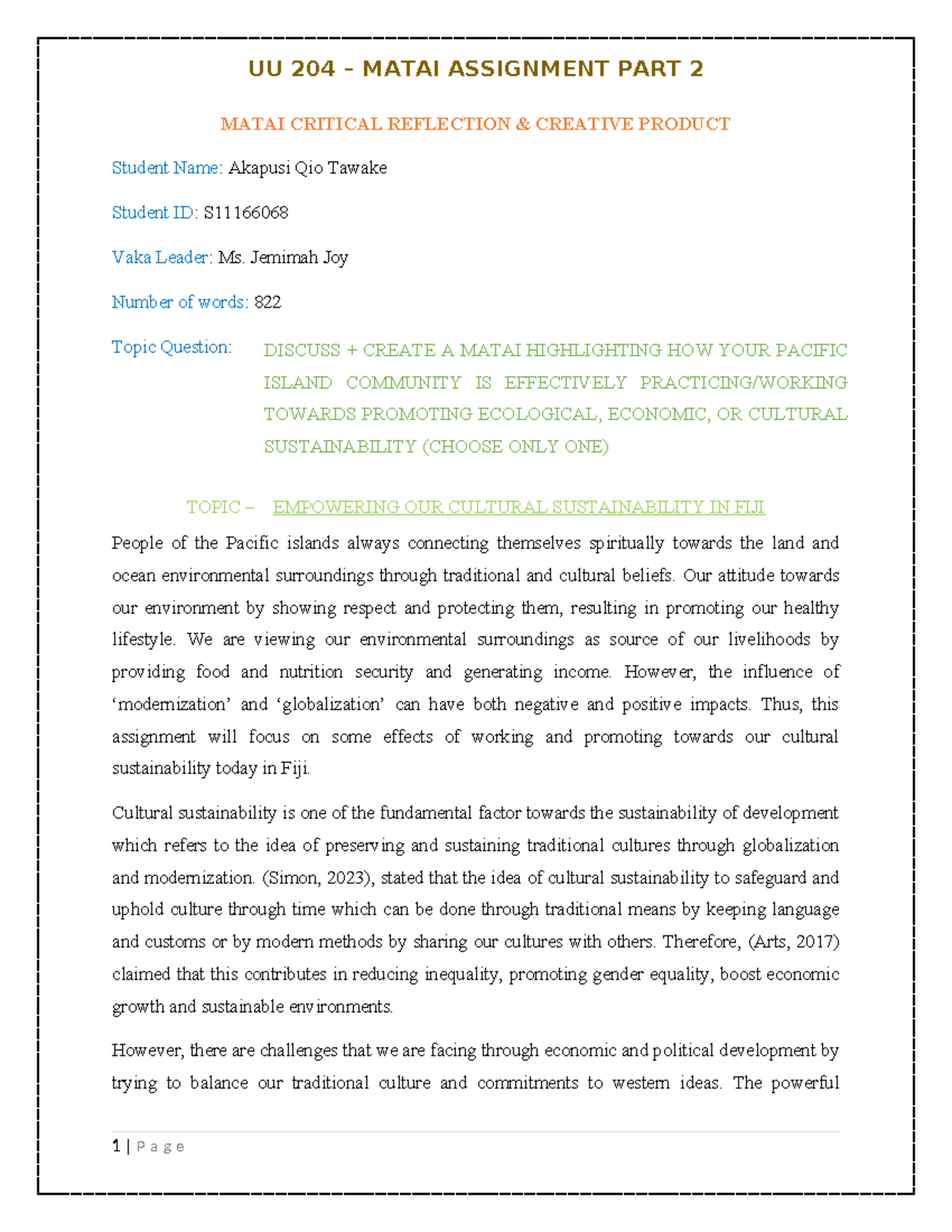 Matai Assignment UU 204: Critical Reflection on Cultural Sustainability ...