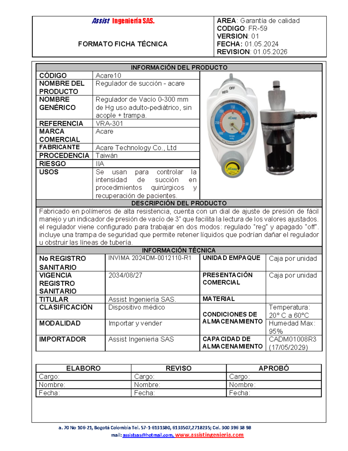 Ficha Técnica Acare10: Regulador de Succión - INVIMA Registro - Document Preview