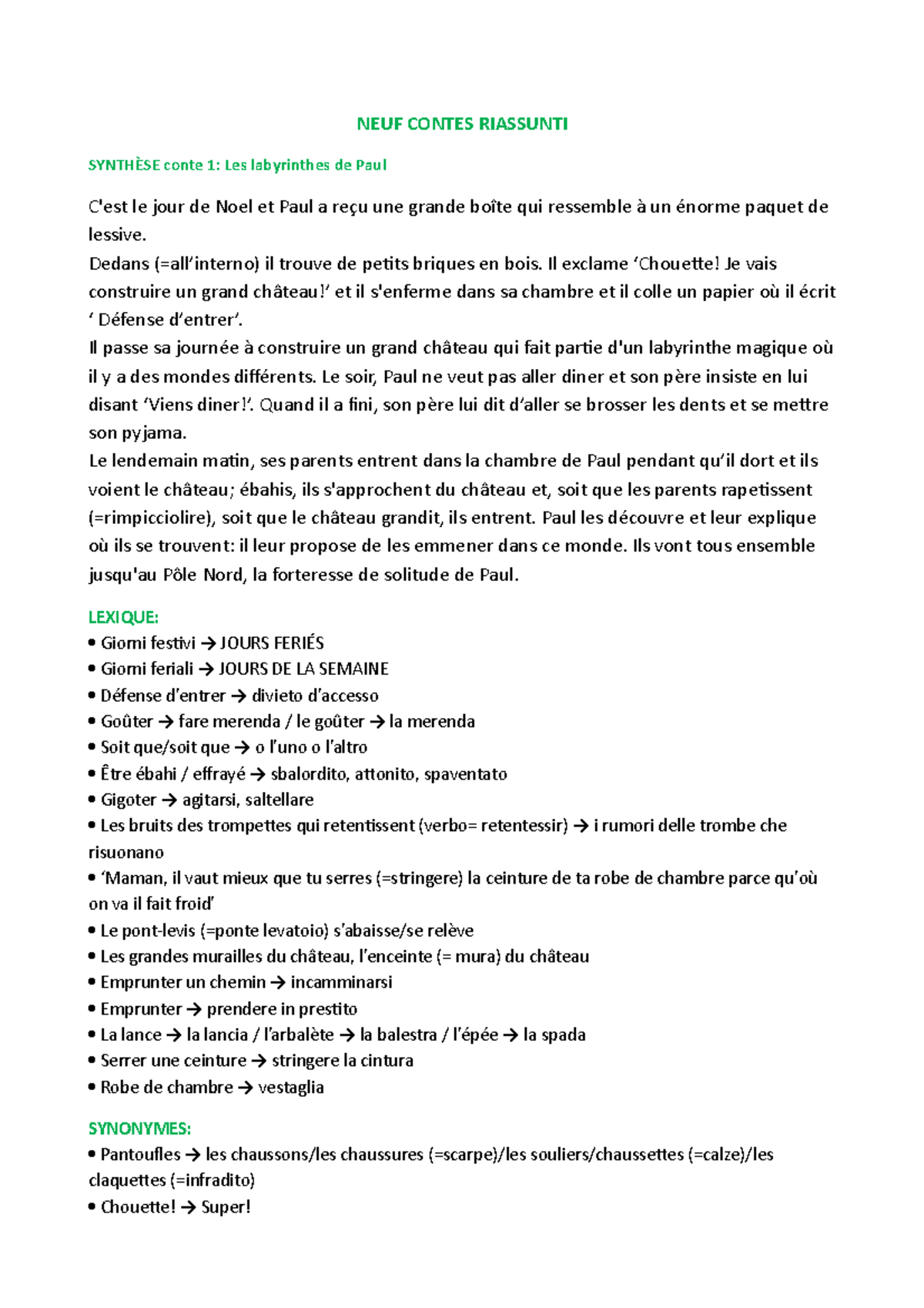 Neuf Contes Résumés: Synthèses et Vocabulaire Analytique - Document Preview