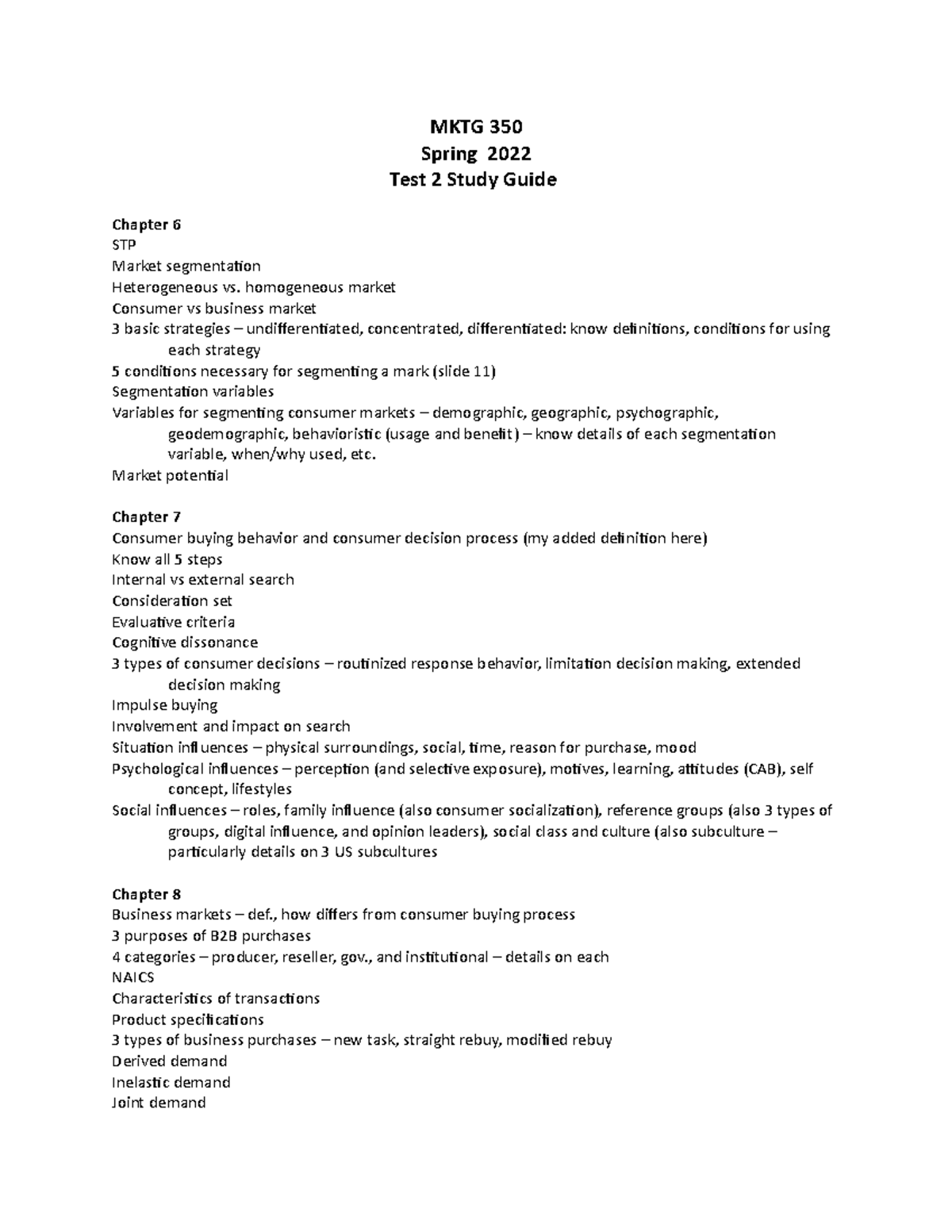MKTG 350 Spring 2022 Exam 2 Study Guide: Key Concepts and Strategies ...