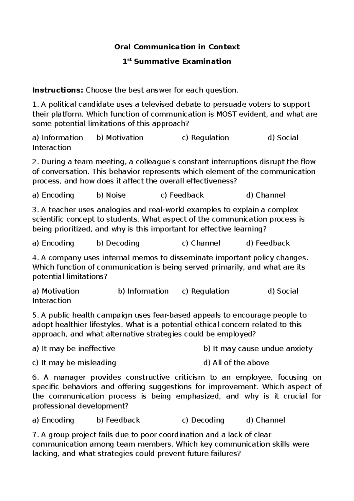 Oral Communication in Context: 1st Summative Exam Questions and ...
