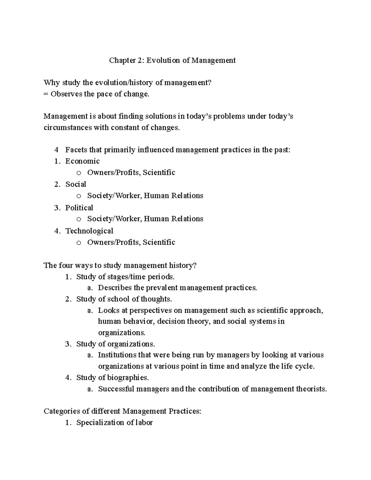 Chapter 2: Evolution of Management Practices and Theories - Studocu