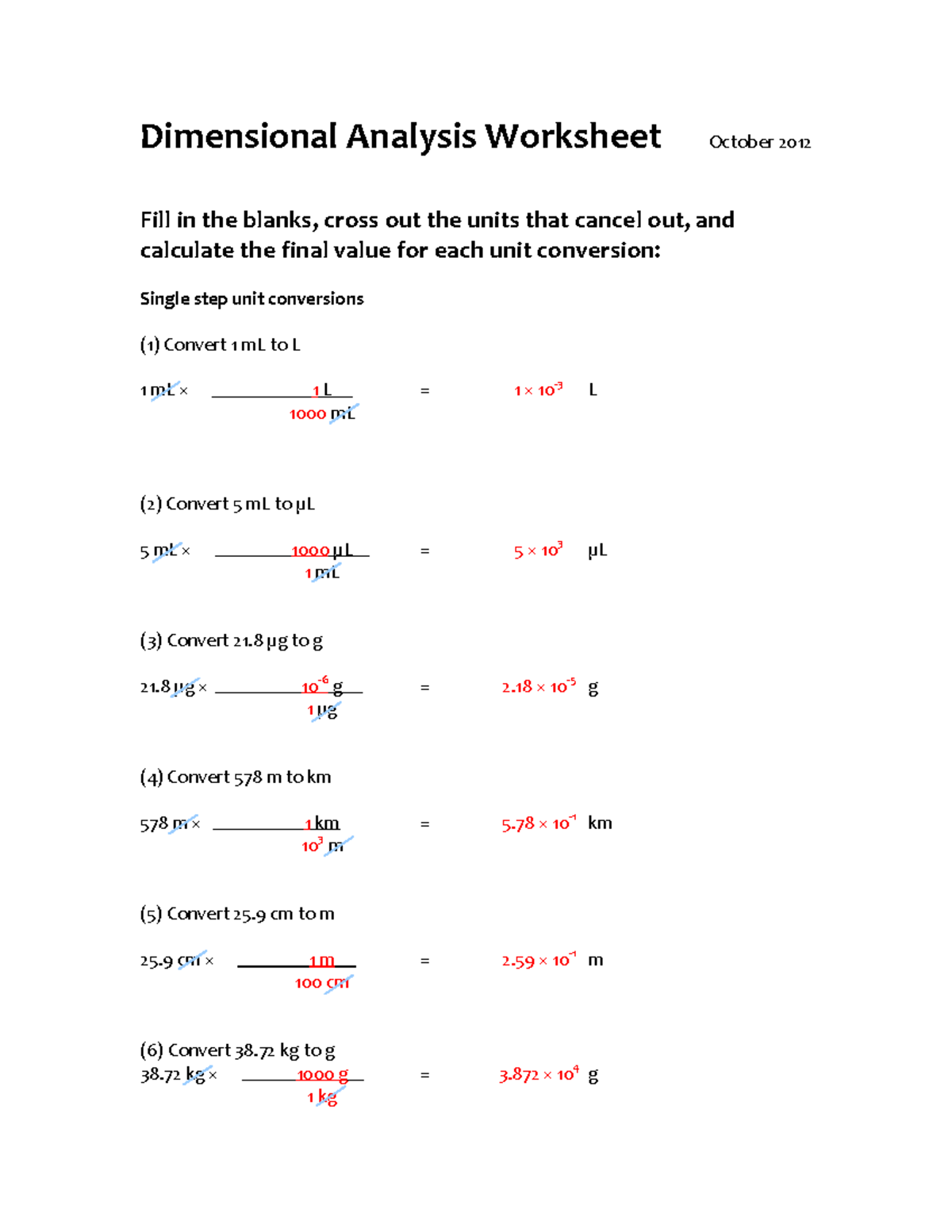 Dimensional Analysis Worksheet - Answer Key for Oct 2012 - Studocu