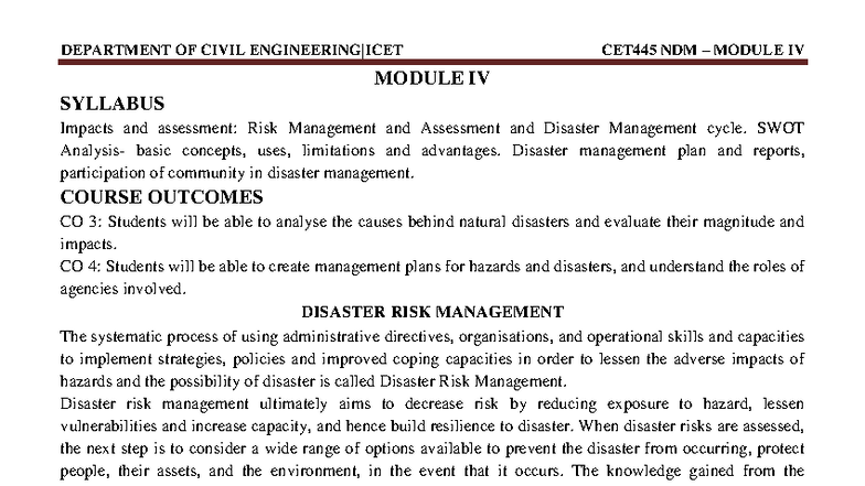 CET445 NDM MODULE IV SYLLABUS: Disaster Risk Management & Assessment ...