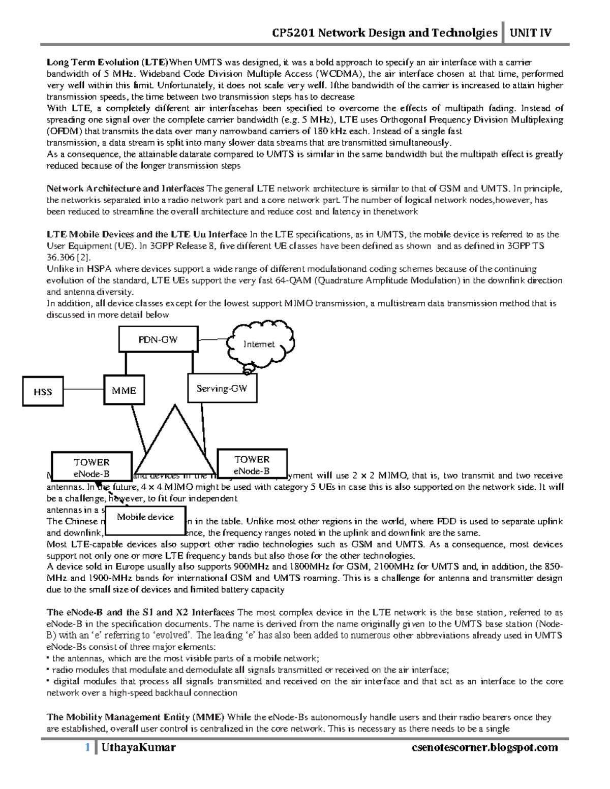CP5201 Network Design and Technologies UNIT IV: Long Term Evolution ...