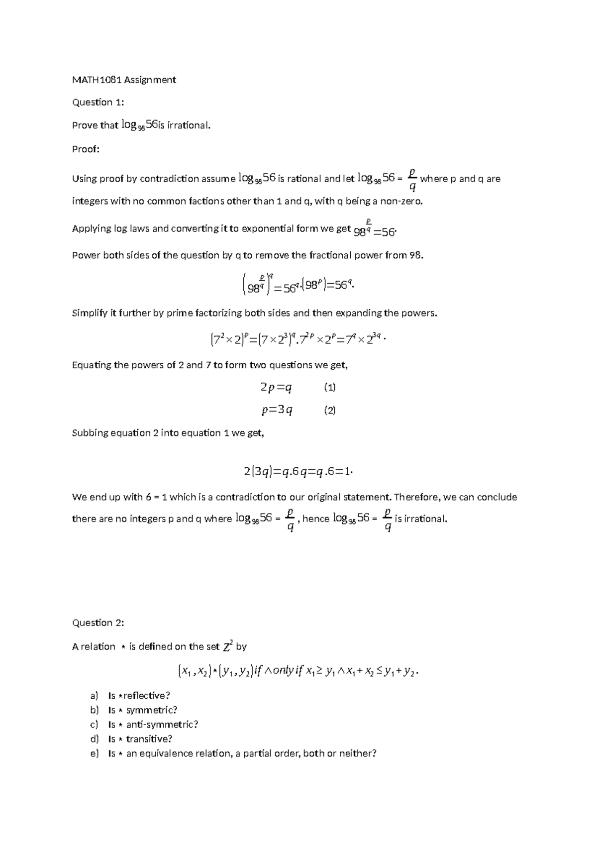 MATH1081 Assignment: Proving Logarithmic Irrationality and Relations ...