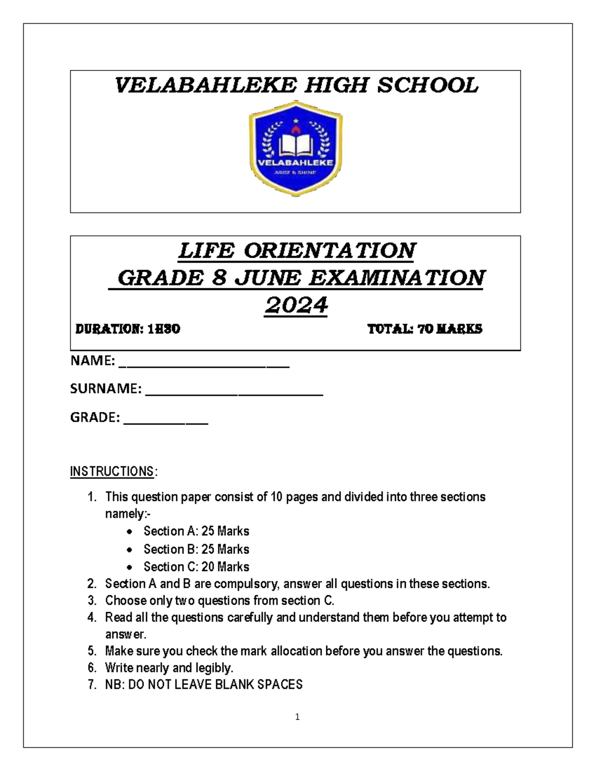 Grade 8 Life Orientation June Exam 2024 - VELABAHLEKE HIGH SCHOOL - Studocu