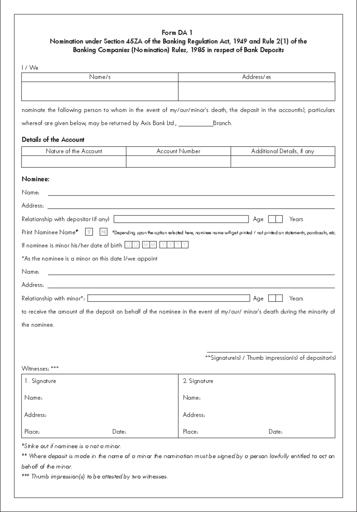 DA1 Form: Nomination for Bank Deposit - Axis Bank Ltd. - Studocu