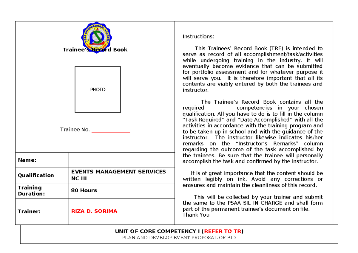 Trainees Record Book: Events Management Services NC III - Studocu
