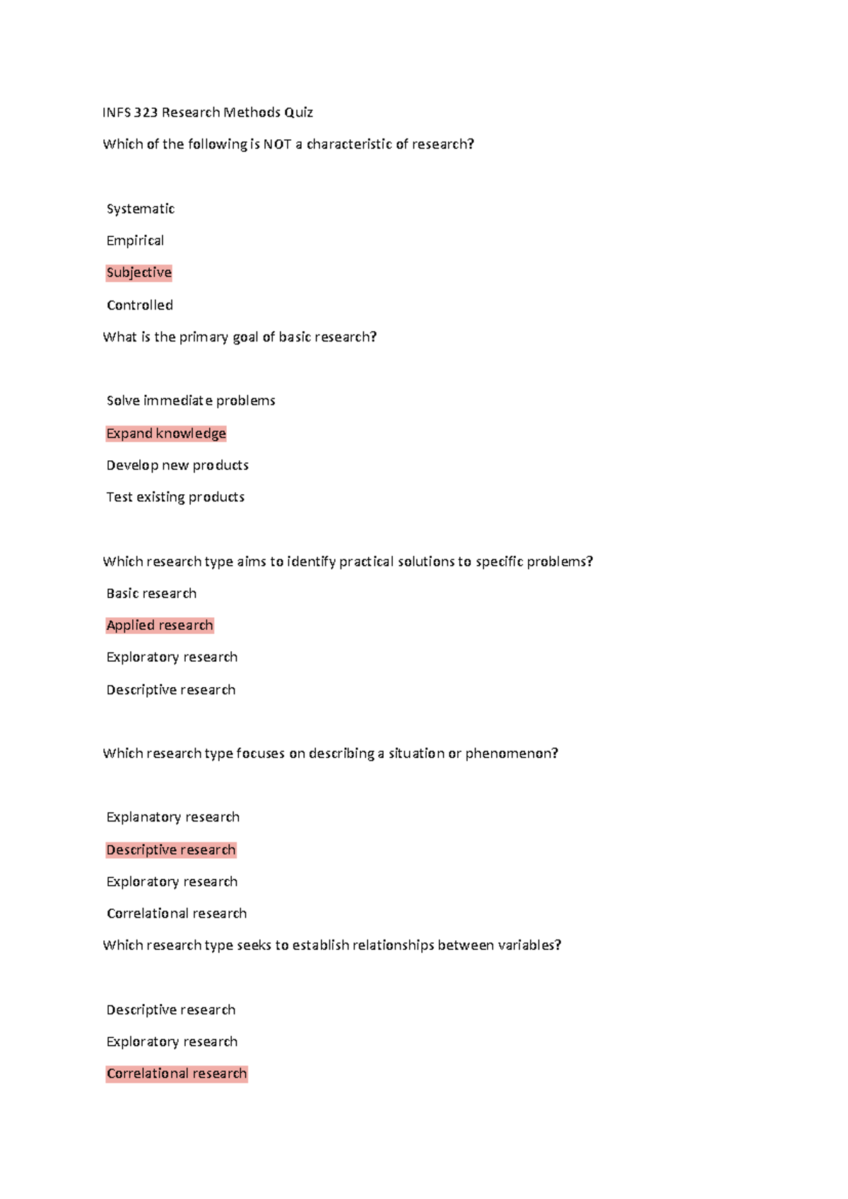 INFS 323: Research Methods Quiz - Key Concepts and MCQs - Studocu