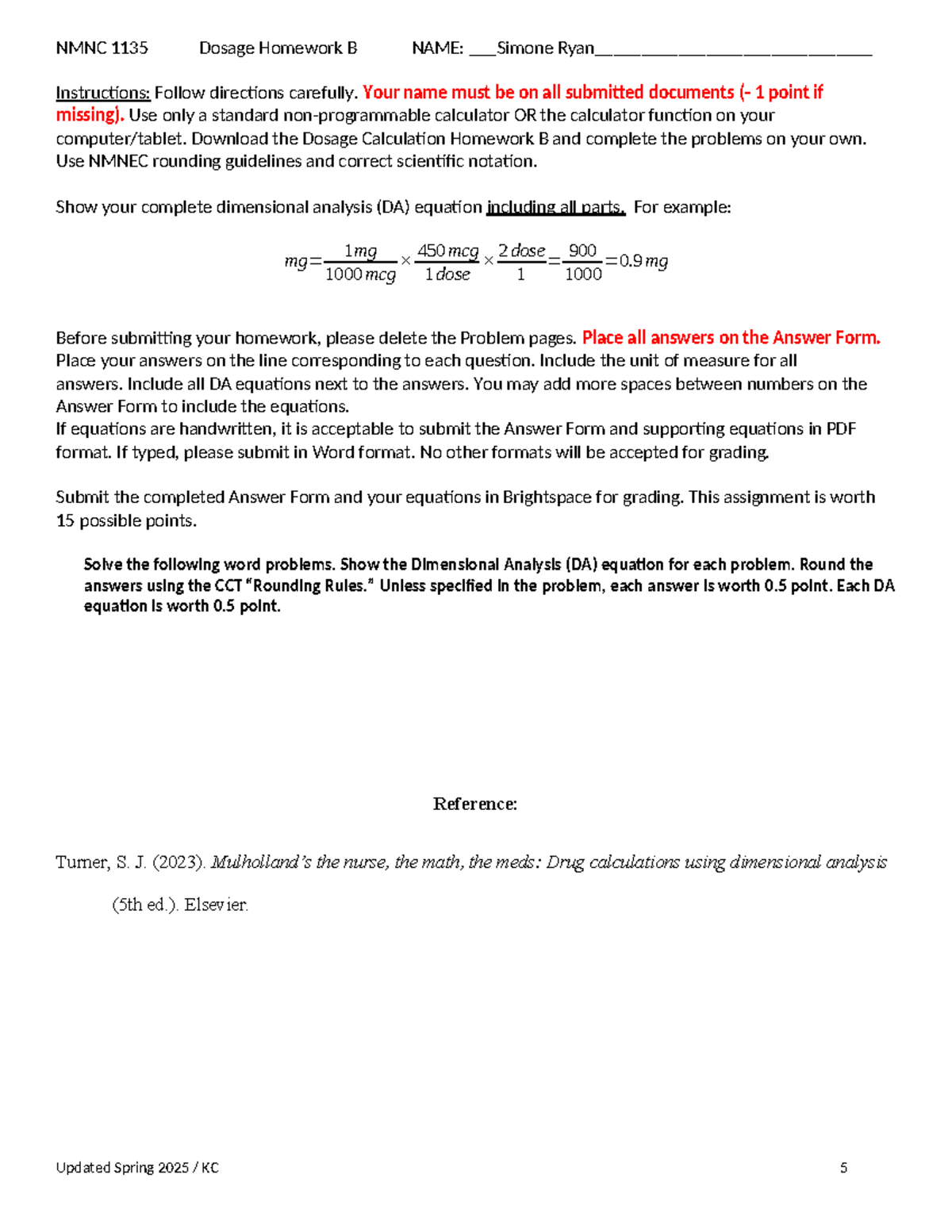 NMNC 1135 Dosage Calculation Homework B Instructions and Guidelines ...