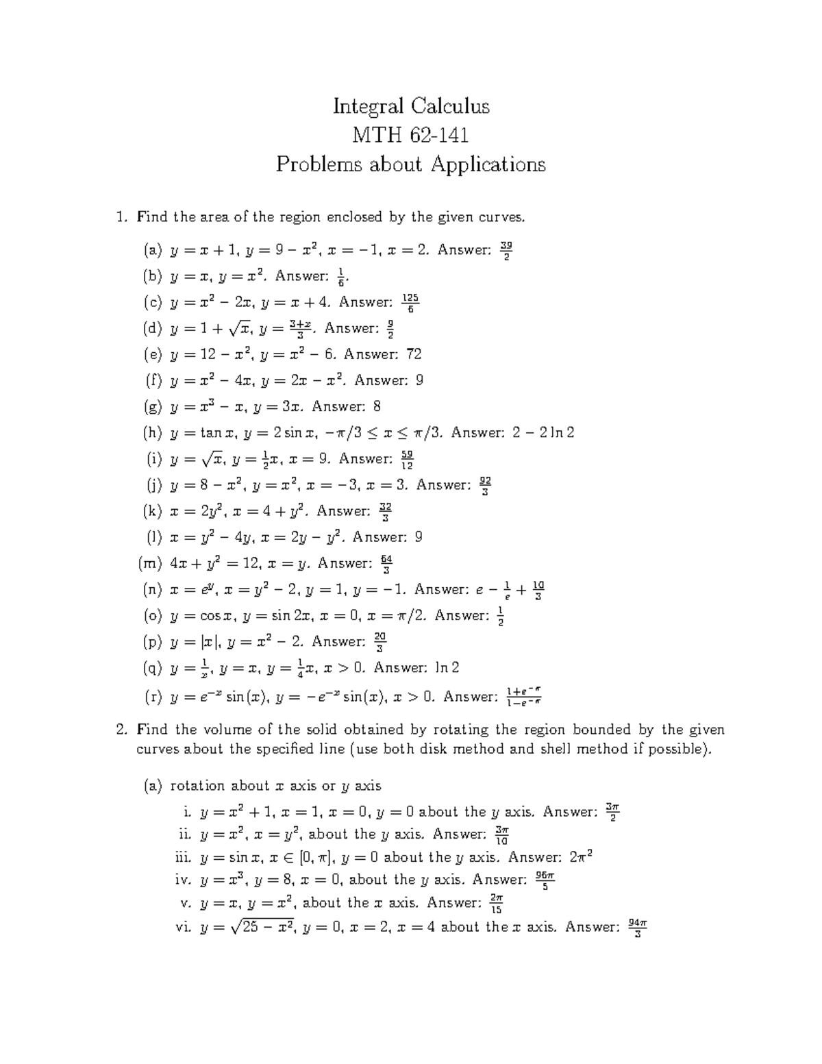 Sample Problems For Applications(Modified) - Integral Calculus MTH 62 ...
