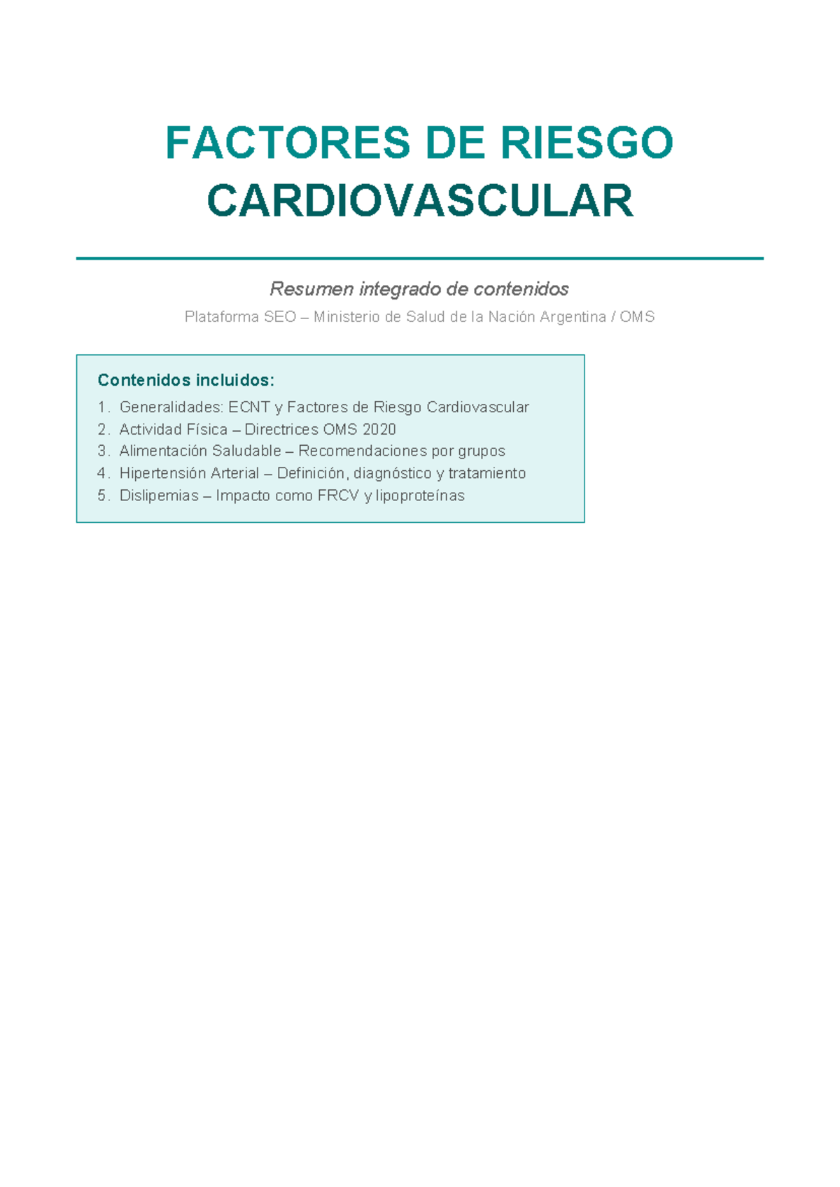 FRCV: Resumen de Factores de Riesgo Cardiovascular y Prevención - Studocu
