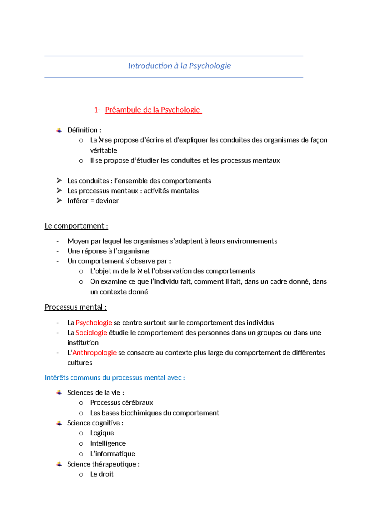 Introduction à la Psychologie : Concepts et Modèles Fondamentaux - Studocu
