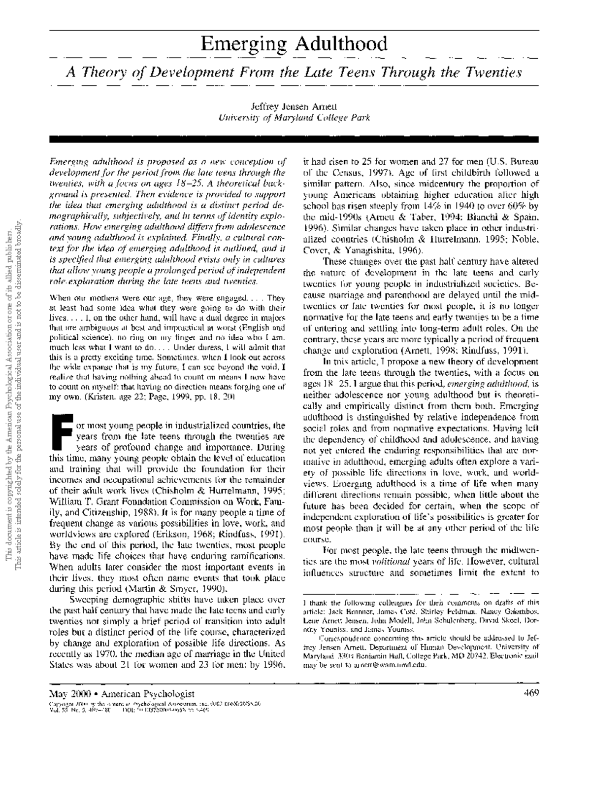 Emerging Adulthood: Developmental Perspectives and Identity ...