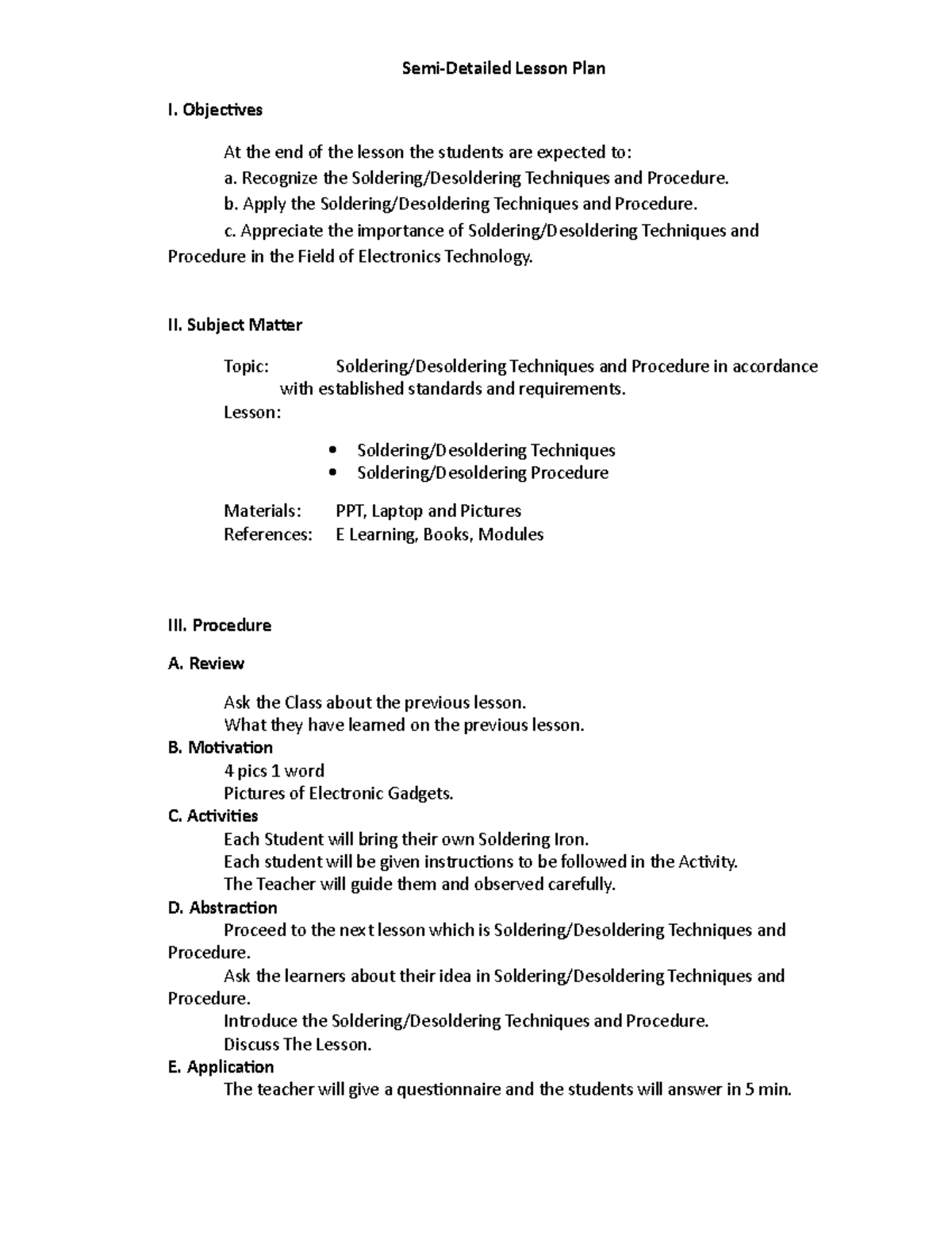 Sem Detailed Soldering and Desodering - Semi-Detailed Lesson Plan I ...