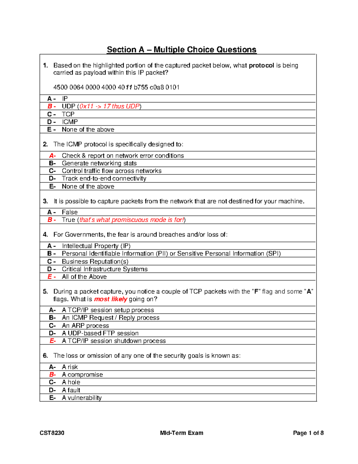 Sample/practice exam, questions and answers - Section A – Multiple ...