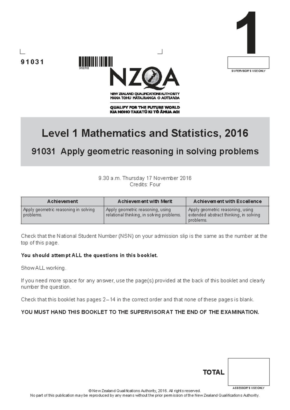 91031 Level 1 Mathematics & Stats Final Exam: Geometric Reasoning 2016 ...