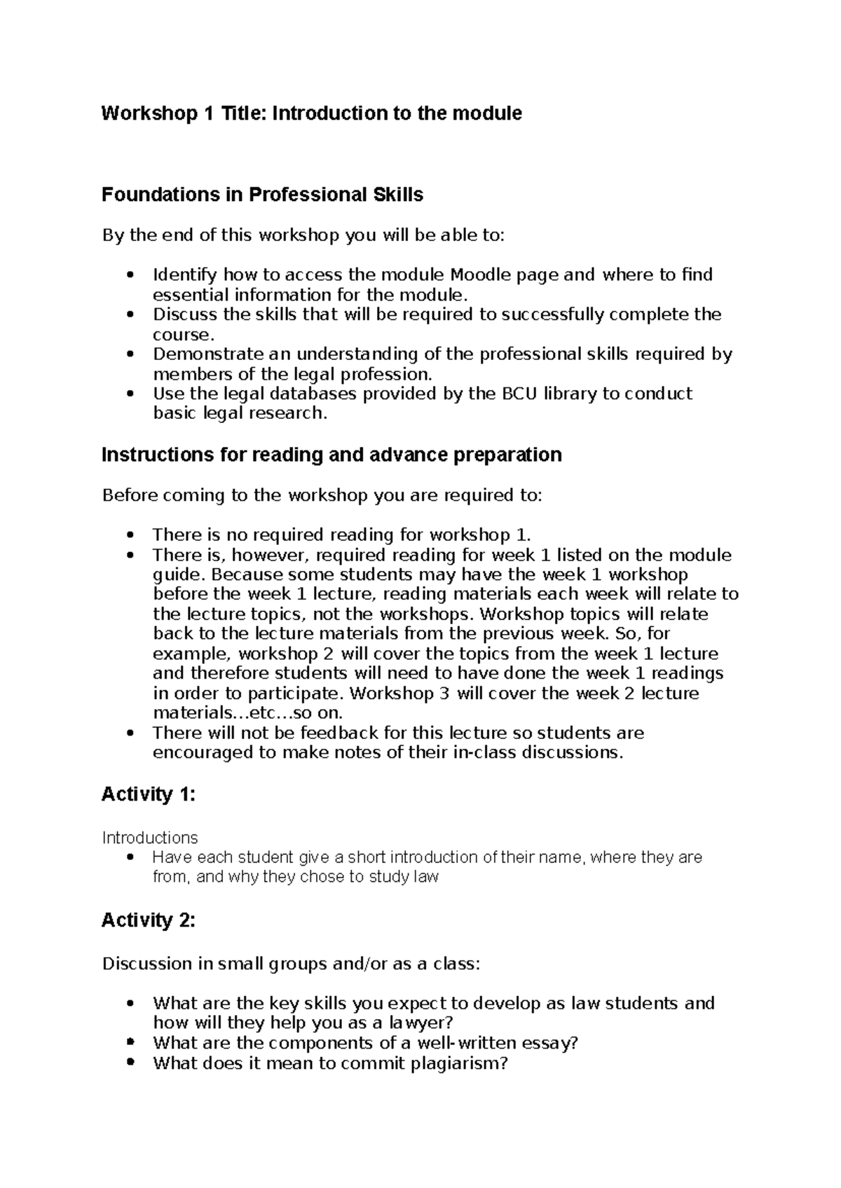 Workshop 1 PS Intro to the Module - Workshop 1 Title: Introduction to ...