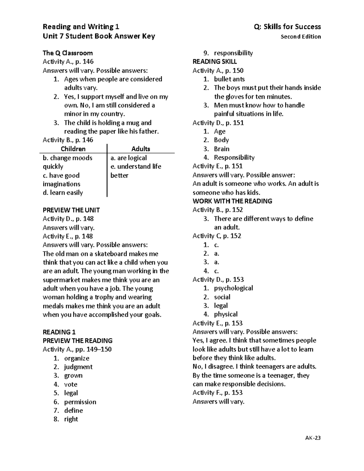 Unit 7 Student Book Answer Key - Q2e RW1 U07 Resources - Studocu