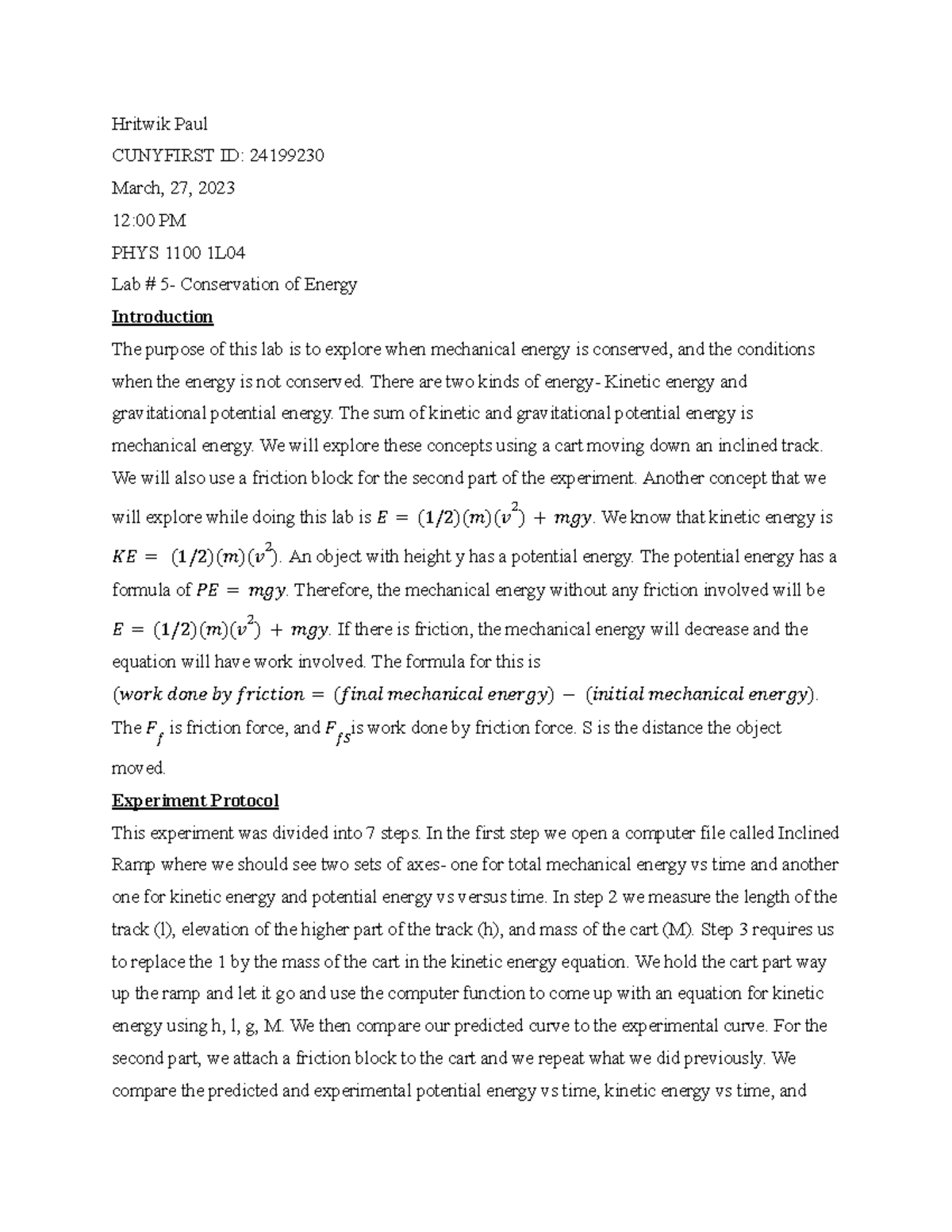 Physics Lab Report 5 - Hritwik Paul CUNYFIRST ID: 24199230 March, 27 ...