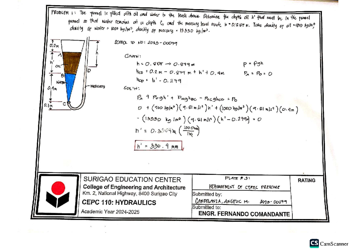 CEPC 110: Hydraulics Problem Set and Solutions - Studocu