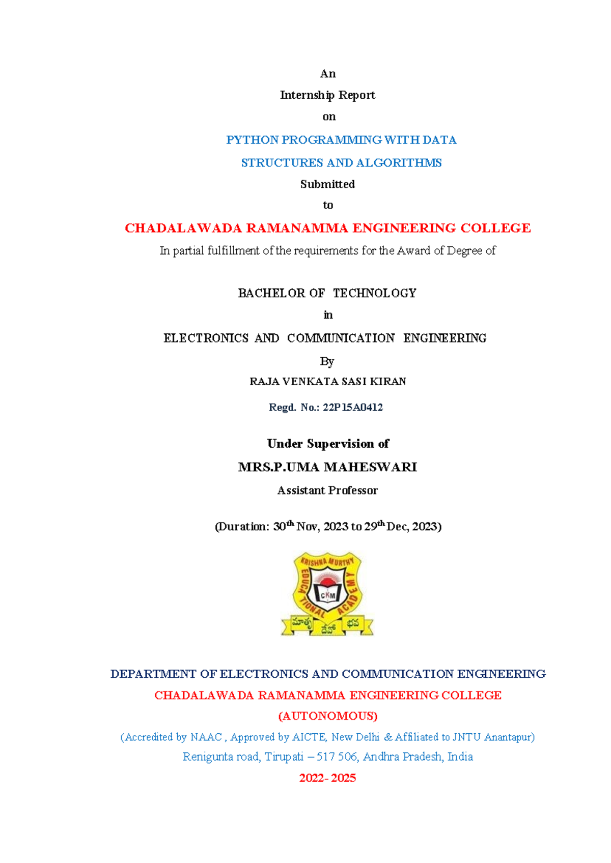 Internship report - An Internship Report on PYTHON PROGRAMMING WITH ...