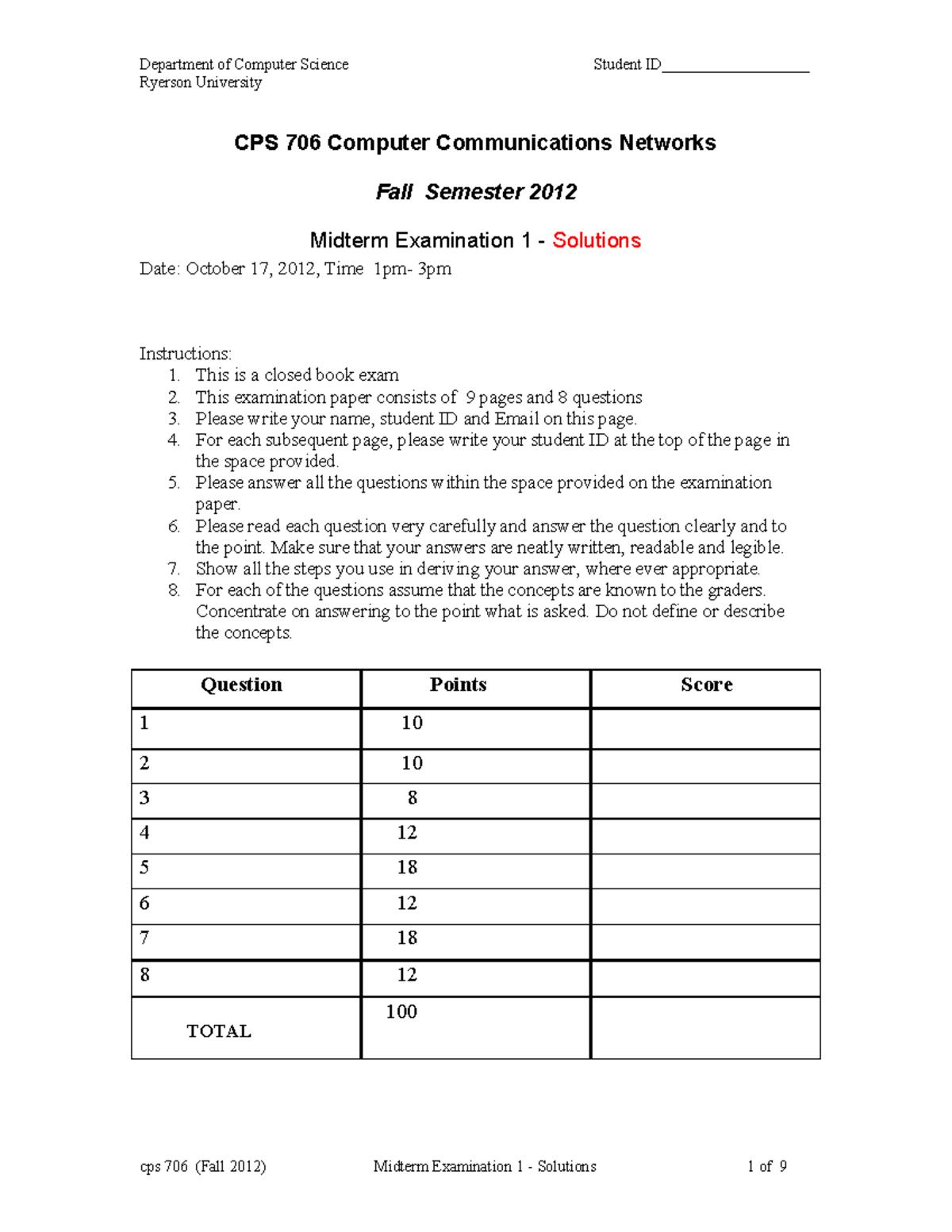 CPS 706 Fall 2012 Midterm Exam 1 Solutions - Computer Networks - Studocu