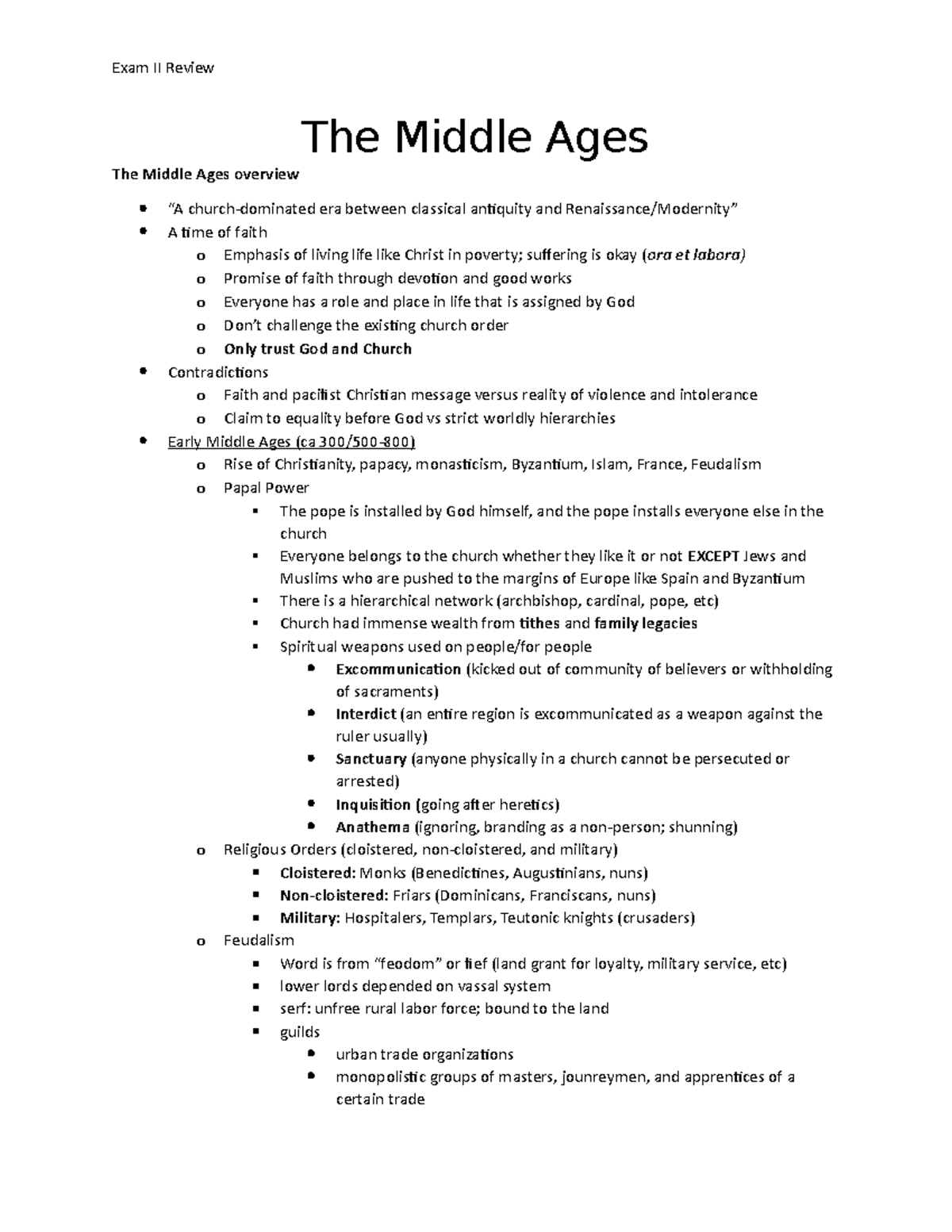Exam II Review Summary - The Middle Ages and Renaissance (HIST 201 ...