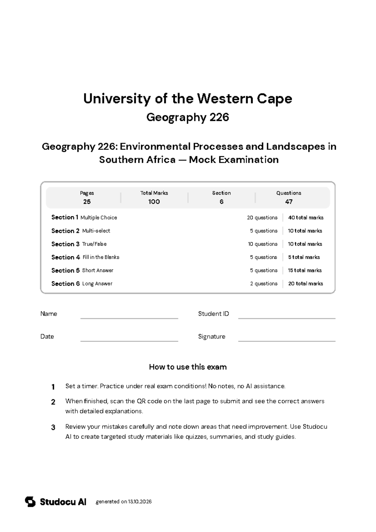 Geography 226: Environmental Processes Mock Exam - Studocu