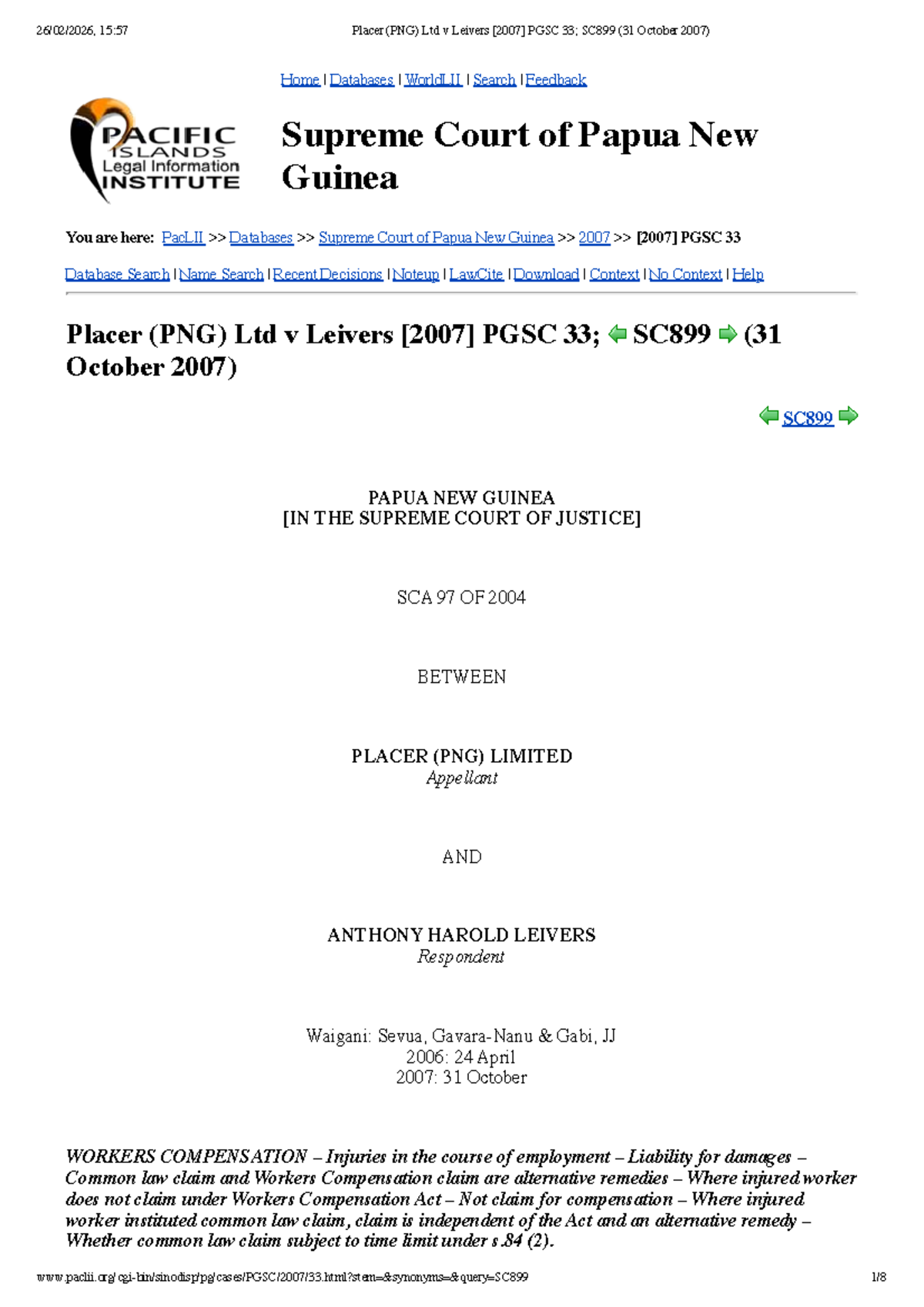 Placer (PNG) Ltd v Leivers PGSC SC899 Workers Comp Case Analysis (2007 ...