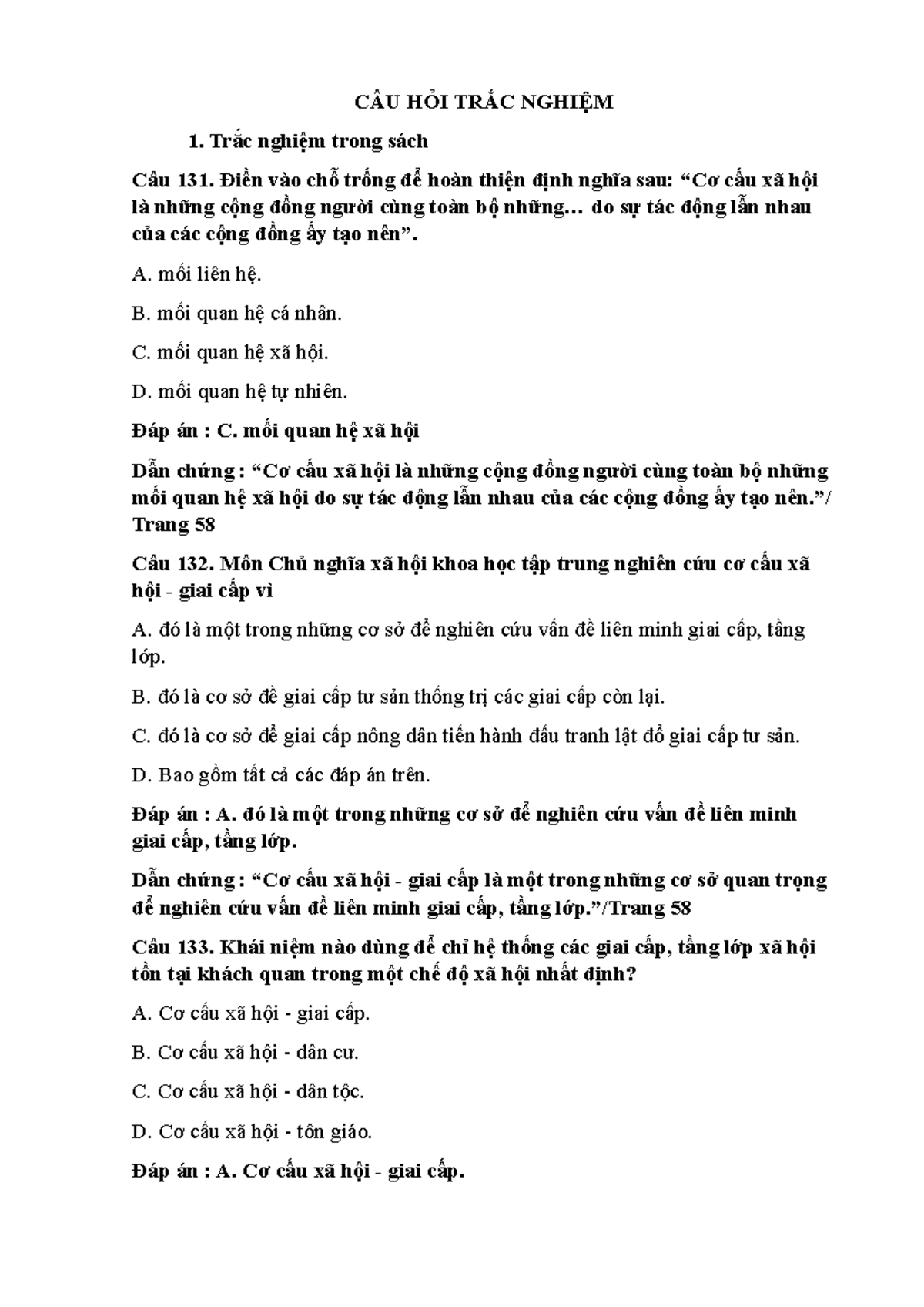 TRẮC NGHIỆM CHƯƠNG 5 - CNXH: Câu Hỏi và Đáp Án - Document Preview