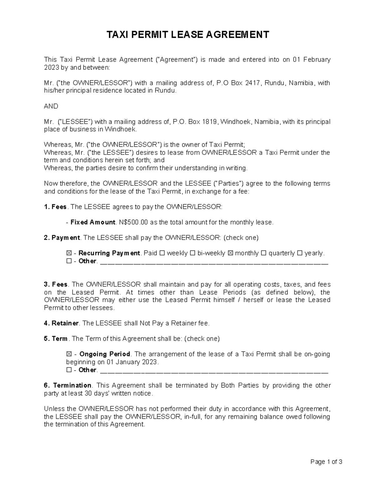 Taxi Permit Lease Agreement - Important Terms & Conditions - Studocu