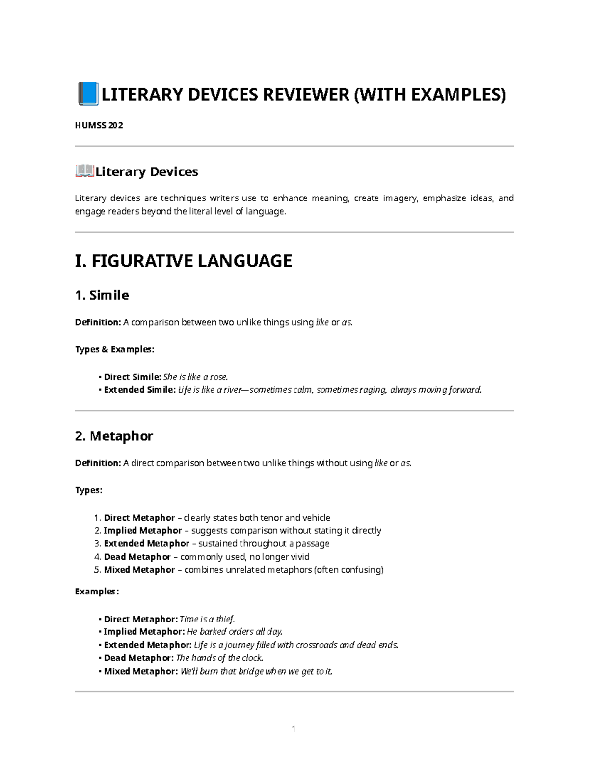 LITERARY DEVICES REVIEWER WITH EXAMPLES HUMSS 202 - Studocu