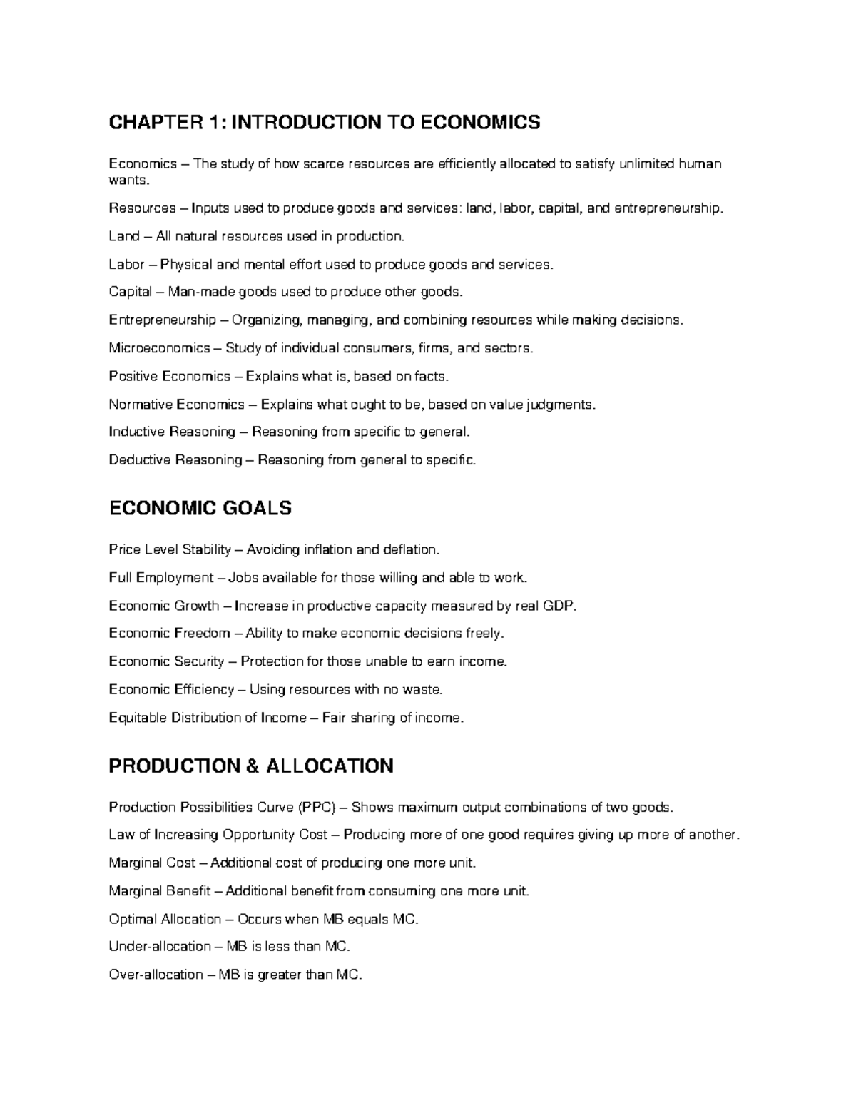ECON 101: Chapter 1 - Introduction to Economics Definitions - Studocu